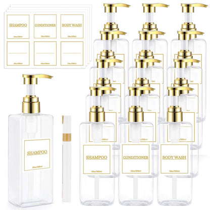 Gejoy 12 Pack Clear Shampoo and Conditioner Dispenser Bottles, 17 Oz/ 500ml Refillable Empty Pump Bottles with Labels and Marker Pen, Plastic Square Pump Dispenser Bottle for Bathroom Body Wash Shower