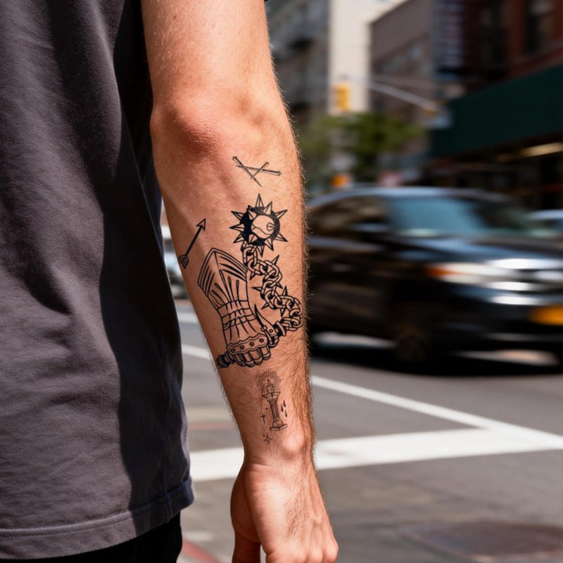 UBICA Semi Permanent Tattoos, 2 Sheets Realistic Temporary Tattoos for Men, Fake Tattoos for Hand Arm Wrists, Waterproof, No Reflective, Lasts 1-2 Weeks (Cross Praying & Power Glove Chain Designs)