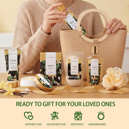 Spa Luxetique Spa Gift Baskets for Women - Vanilla Bath Set with Bubble Bath, Body Lotion Gift Set, Vanilla Spa Set, Birthday Woman Gifts, Mothers Day Gifts for Mom