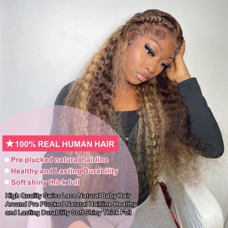 Aikebi Jerry Curly Human Hair Wig Highlight P4/30 T Glueless Curly 200% Density Pre Plucked Cut Human Hair Lace Wig for Black Women