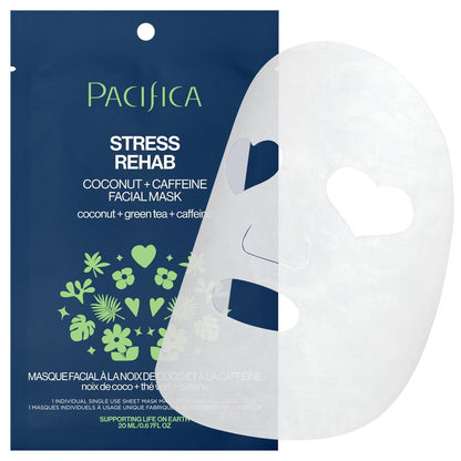 Pacifica Beauty Skin Rehab Coconut and Caffeine Facial Mask, Skincare, Green Tea, Helps with Puffiness and Redness, Face Mask, Sheet Mask, Face Care, All Skin Types, Vegan (6 Sheets)