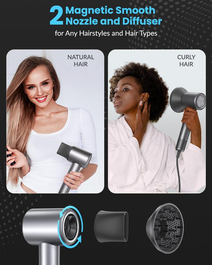 Hair Dryer, 110000 RPM Professional Ionic Blow Dryer with Brushless Motor for Fast Drying, Thermo-Control Quiet Compact Hair Blow Dryer with Magnetic Diffuser for Curly Hair for Home Travel Salon