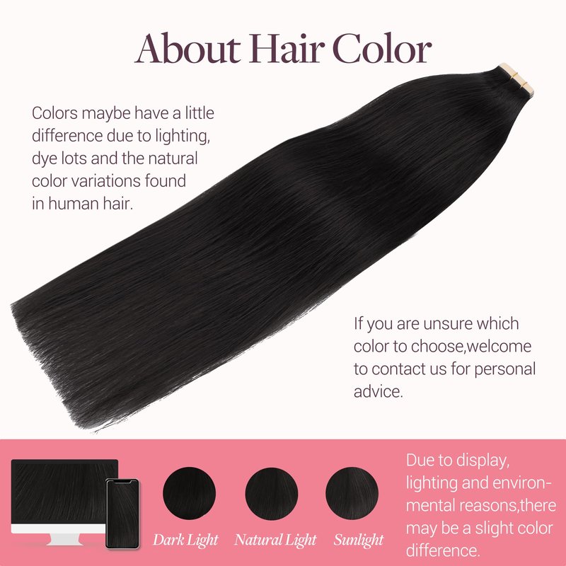 GOO GOO Tape in Hair Extensions Human Hair, 1B Natural black, 20inch 50g 20pcs, Skin Weft Seamless Invisible, Silky Straight with Thick Ends, Remy Human Hair