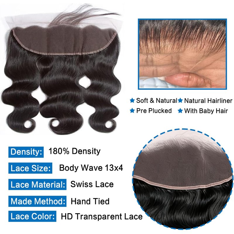 13 x 4 Lace Frontal Closure Body Wave Ear to Ear Transparent Lace Front Closure 14 inch Body Wave Human Hair Brazilian Virgin Pre Plucked Hairline Natural Black Color