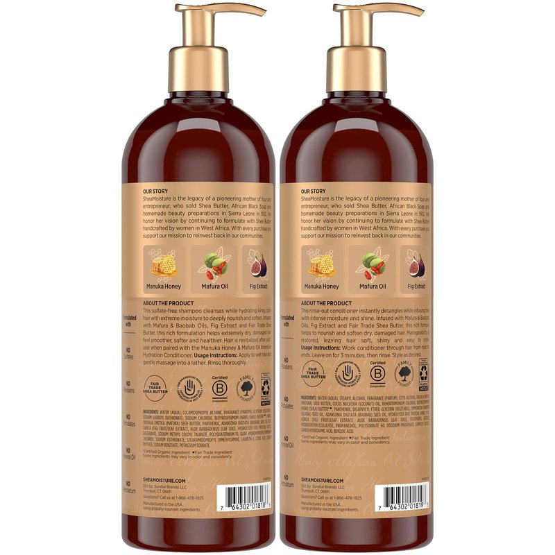 Shea Moisture Shampoo & Conditioner Set – Intensive Hydration Hair Care Formulas with Manuka Honey & Mafura Oil for Extra Dry, Damaged Hair, 24 Oz Ea