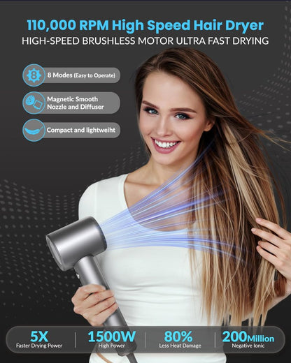 Hair Dryer, 110000 RPM Professional Ionic Blow Dryer with Brushless Motor for Fast Drying, Thermo-Control Quiet Compact Hair Blow Dryer with Magnetic Diffuser for Curly Hair for Home Travel Salon
