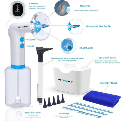 BOCOOLIFE Electric Ear Wax Removal Kit – Water Flushing Irrigation System Ears Flush Cleaner Powered with 4 Pressure Settings, Safe & Effective Ear Cleaning Kit, Includes 30 Tips, Basin