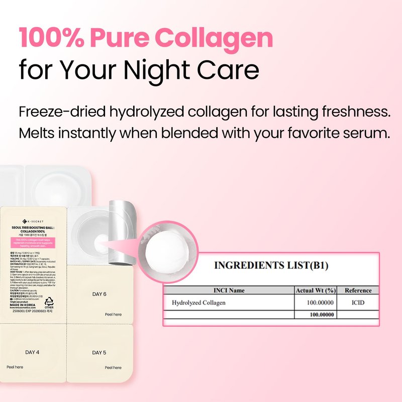 K-SECRET SEOUL 1988 Collagen Boosting Ball – Freeze-Dried 100% Hydrolyzed Collagen | Nourishing Care for Dry Skin & Fine Lines | Korean Skincare, 7 Capsules
