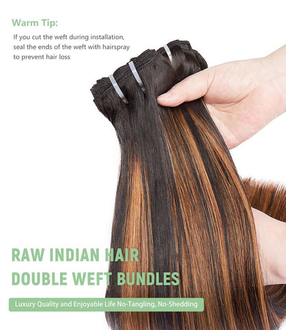MLIP Human Hair Bundles Straight, Raw Virgin Indian Hair Bundles, Full & Thick, No Tangle No Shedding, Stays Silky Soft After Multiple Washes, Lasts 3X Longer, 1B/30 Highlight, Single Bundle 10 Inch