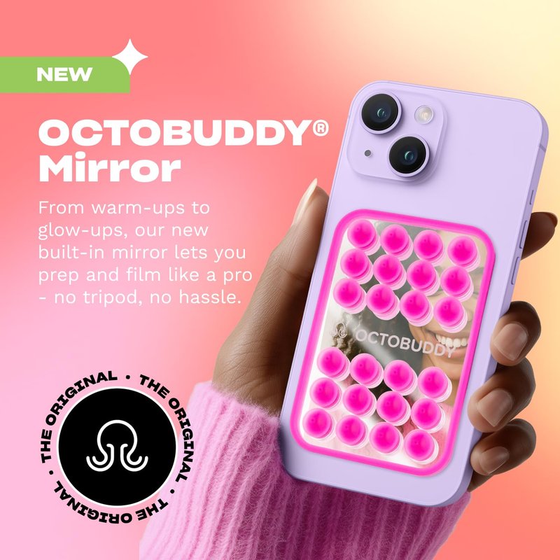 OCTOBUDDY Mirror – Amazon-Exclusive Suction Cup Phone Mount with Built-in Mirror – Silver Swirl Hands-Free Grip for Videos & Selfies (2.6″ x 3.9″)