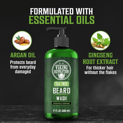 Viking Revolution Tea Tree Beard Wash for Men with Argan Oil and Ginseng Root Extract - Beard Softener and Strengthener Beard Shampoo with Olive Oil Beard Care to avoid Beard Dandruff and Itch (17oz)