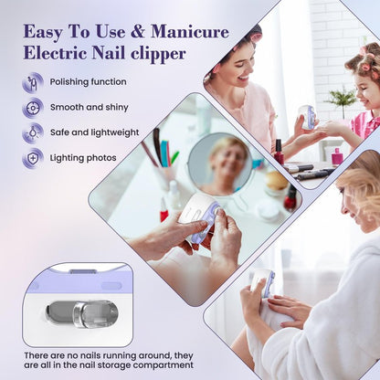 Electric 2-in-1 Nail Clipper & Polisher, 2-Speed Safe Fingernail Trimmer for All Ages, Rechargeable Automatic Nail Clipper with Light, Manicure Set for Baby Kids Seniors & Weak Hands
