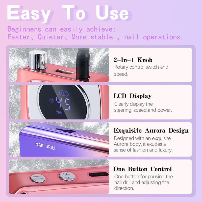 Kylara Professional Nail Drill–45000RPM Electric Nail File Cordless,Portable Efile for Acrylic & Gel Nails with LED Display,Low Noise Nail Drill Machine for Polishing & Removing,Salon & Home Use