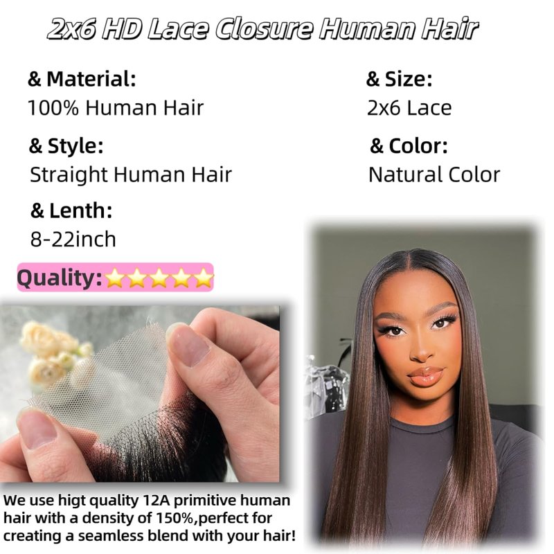 2x6 HD Lace Closure Straight Human Hair 16 Inch 2 by 6 HD Lace Closure 100% Brazilian Virgin Unprocessed Middle Part Human Hair Kim K Closure With Baby Hair Natural Color