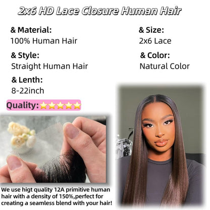 2x6 HD Lace Closure Straight Human Hair 16 Inch 2 by 6 HD Lace Closure 100% Brazilian Virgin Unprocessed Middle Part Human Hair Kim K Closure With Baby Hair Natural Color