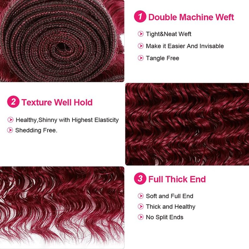8 10 12 Inch 99J Bundle Burgundy Deep Wave Human Hair Bundles 8A Grade Wine Red Hair Extensions 99J Deep Wave Bundle Burgundy Bundles For Black Women