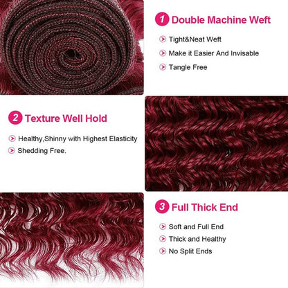 8 10 12 Inch 99J Bundle Burgundy Deep Wave Human Hair Bundles 8A Grade Wine Red Hair Extensions 99J Deep Wave Bundle Burgundy Bundles For Black Women