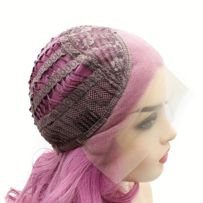 Peakia Shoulder Length Wavy Pink Half Hand Tied Lace Front Wig Synthetic