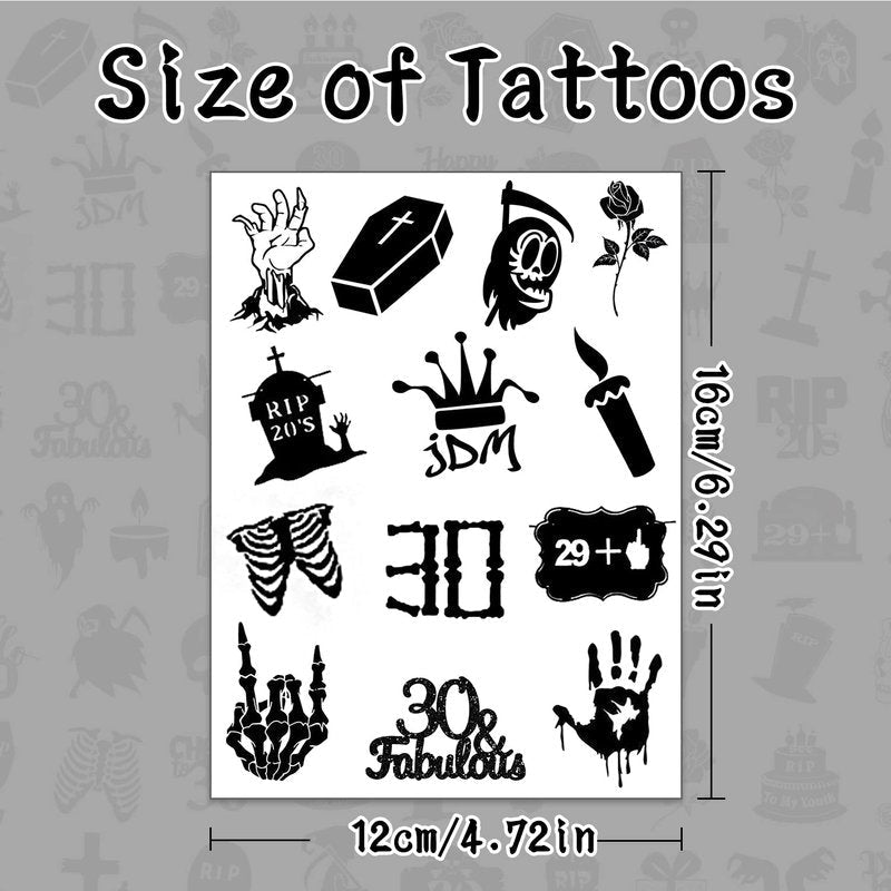 190 PCS Death to My 20s Decorations, Rip My Twenties Temporary Tattoos, Rip to My 20s Birthday Decorations for 30th Birthday Black Funeral Party for Women's and Man's Funny Thirtieth Birthday Party