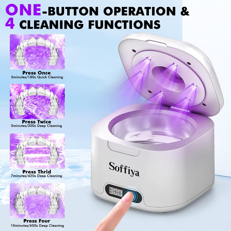 Dental Ultrasonic Retainer Cleaner Machine: Soffiya 49kHz Denture Cleaner with 350ML for Cleaning Dentures, Mouth Guards, Aligner, Braces, Toothbrush Head & Jewelry - UV Cleaner with 4 Digital Timers