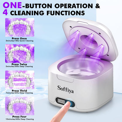 Dental Ultrasonic Retainer Cleaner Machine: Soffiya 49kHz Denture Cleaner with 350ML for Cleaning Dentures, Mouth Guards, Aligner, Braces, Toothbrush Head & Jewelry - UV Cleaner with 4 Digital Timers