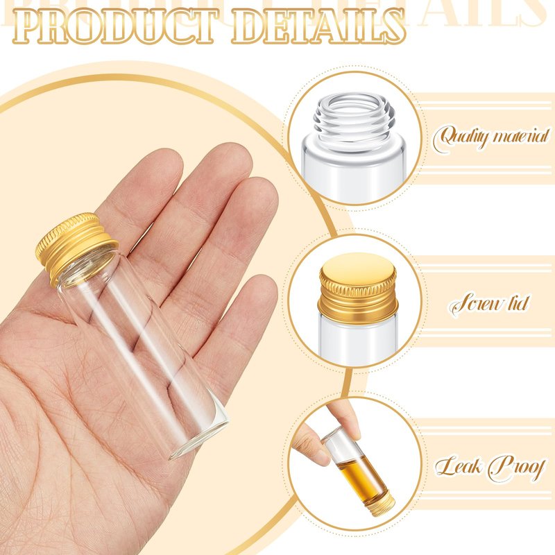 Didaey 100 Pcs Small Clear Vials Spice Mini Jars with Lids Mini Glass Bottles with Screw Aluminum Metal Caps Tiny Jars Sample Containers for Powder Cream Cosmetic Jewelry Wedding (15 ml,Gold Caps)