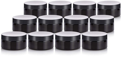 (12 Pack) 8 oz Black PET Plastic Low Profile Jar With Lid for Storage Refillable