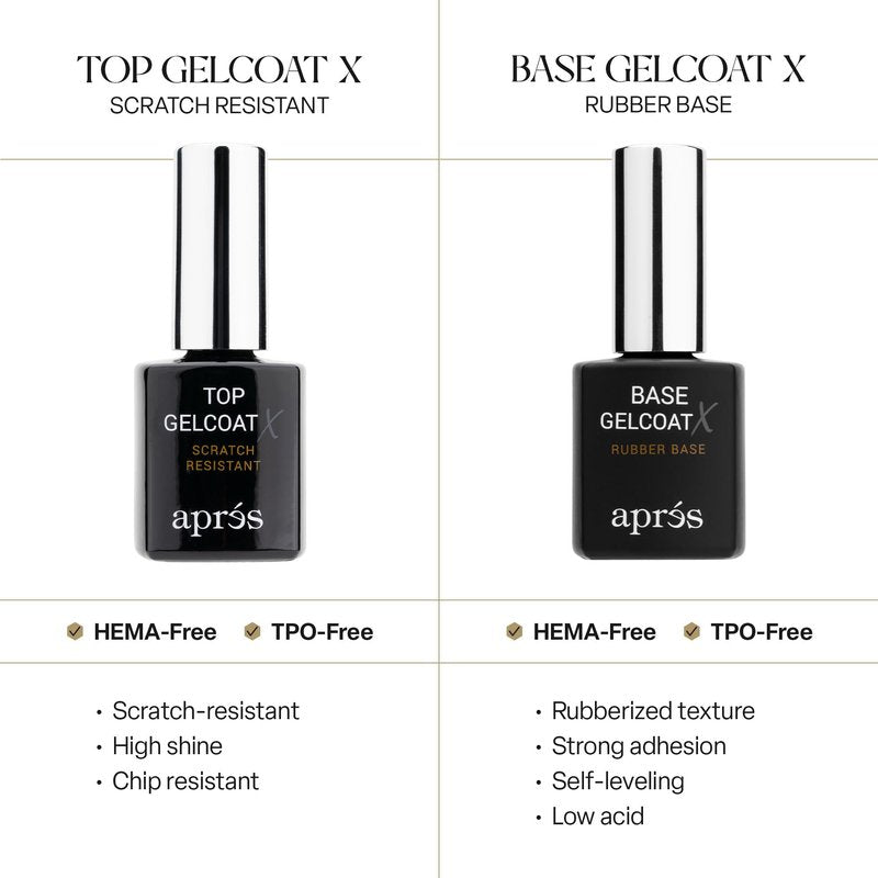 APRÉS Base Coat X & Top Gelcoat X Set 15ml | HEMA & TPO-Free Rubber Base and High-Gloss Top Coat Scratch Resistant Soak-Off Gel Nail Polish