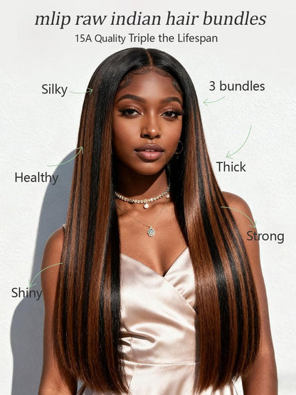 MLIP Human Hair Bundles Straight, Raw Virgin Indian Hair Bundles, Full & Thick, No Tangle No Shedding, Stays Silky Soft After Multiple Washes, Lasts 3X Longer, 1B/30 Highlight, Single Bundle 10 Inch