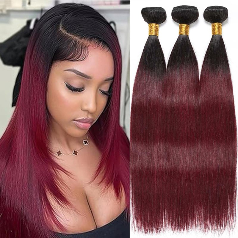 Fabimiya Bundles Human Hair 10/12/14 Inch Straight Burgundy Highlight 99J Human Hair Bundles 12A Unprocessed Quick Weave for Black Women
