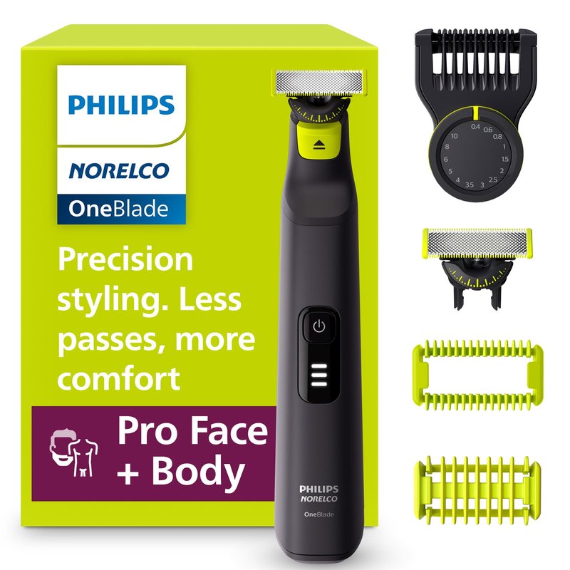 Philips Norelco OneBlade Pro 360 Face + Body Electric Shaver, Beard Trimmer and Groomer, with 360 Blade Technology, 14-Length Precision Comb, Body Kit, Soft Pouch, Model QP6542/70