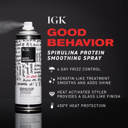 IGK GOOD BEHAVIOR Spirulina Protein Smoothing Spray | Keratin Like Treatment + Frizz Control + Heat Protectant | Vegan + Cruelty Free | 5.6 Oz (Pack of 2)