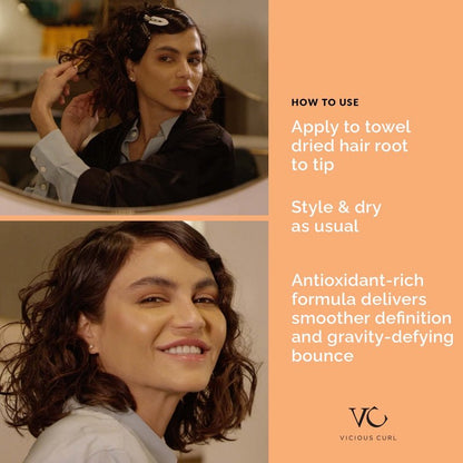 VICIOUS CURL Anti-Gravity Styling Cream – No-Crunch Curl Defining Cream for Wavy & Curly Hair, Curl Types 2A 2B 2C 3A 3B 3C, CGM Approved – Frizz Control, Lightweight Hold, Leave-In Cream, 6 Fl Oz