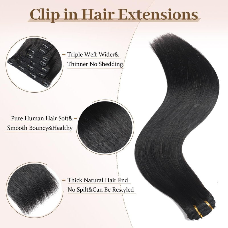 Sisily Clip in Hair Extensions Real Human Hair, Premium Human Hair Clip in Extensions Natural Black, Soft Straight Hair Extensions Real Human Hair Clip ins 7PCS Double Weft（16 Inch #1B）