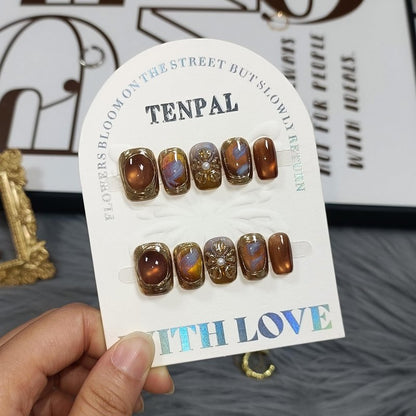 TENPAL Handmade Short Square Press on Nails with Kit,Golden Brown Chrome Hand-Sculpted Toffee Blooms & Gilded Edge Designs Glue on Nails,Glossy Sunset Metallic Cat Eye Fake Nails for Fall Winter(S)