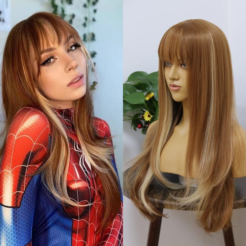 MSMYRNS Ginger Brown Synthetic Wig With Bangs Blonde 613 Highlights Mixed Natural Wave Heat Resistant Fibers Lolita Cosplay Wigs For Girls Woman Daily Use Hair Replacement Unit Glueless No Lace Wig