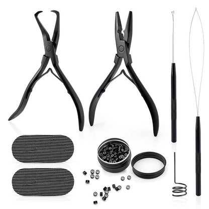 Gomake Microlinks Hair Extensions Kit, Hair Extension Closer and Removal Pliers, Micro Beads Pulling Hook & Microbead Loop Tool, Micro Links Silicone Rings Bead 200PCS(Black)