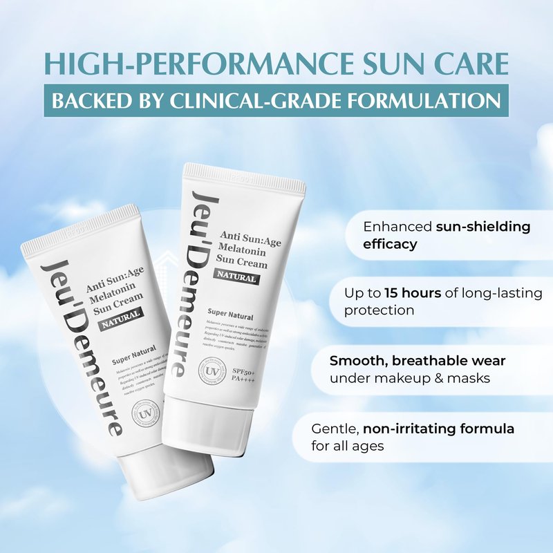 JEU'DEMEURE Anti-Aging SPF 50 Face Moisturizing Sunscreen Lotion with Broad Spectrum, Melatonin, Lightweight, Non-Sticky, Sun Essence for Sensitive Skin, 1.69 fl oz