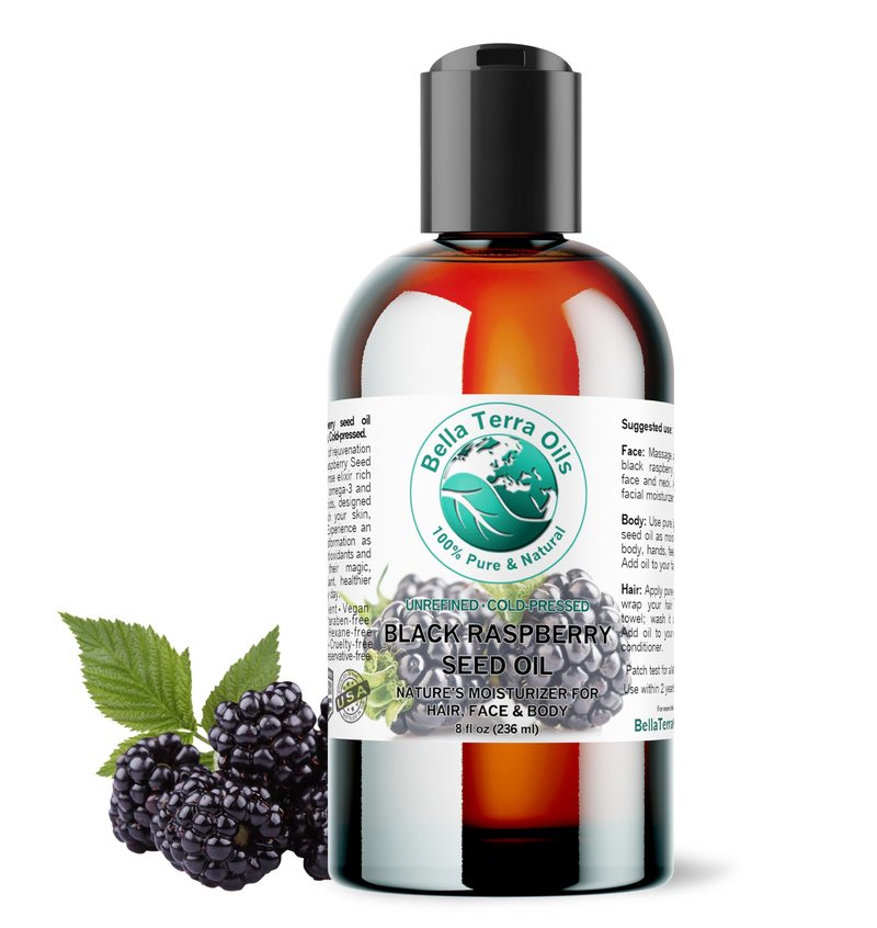 Bella Terra Oils - Black Raspberry Seed Oil 8 oz - Natural Elixir Enhanced with Ellagic Acid & Vitamin A, Cold-Pressed Cosmetic Secret for Radiant Skin