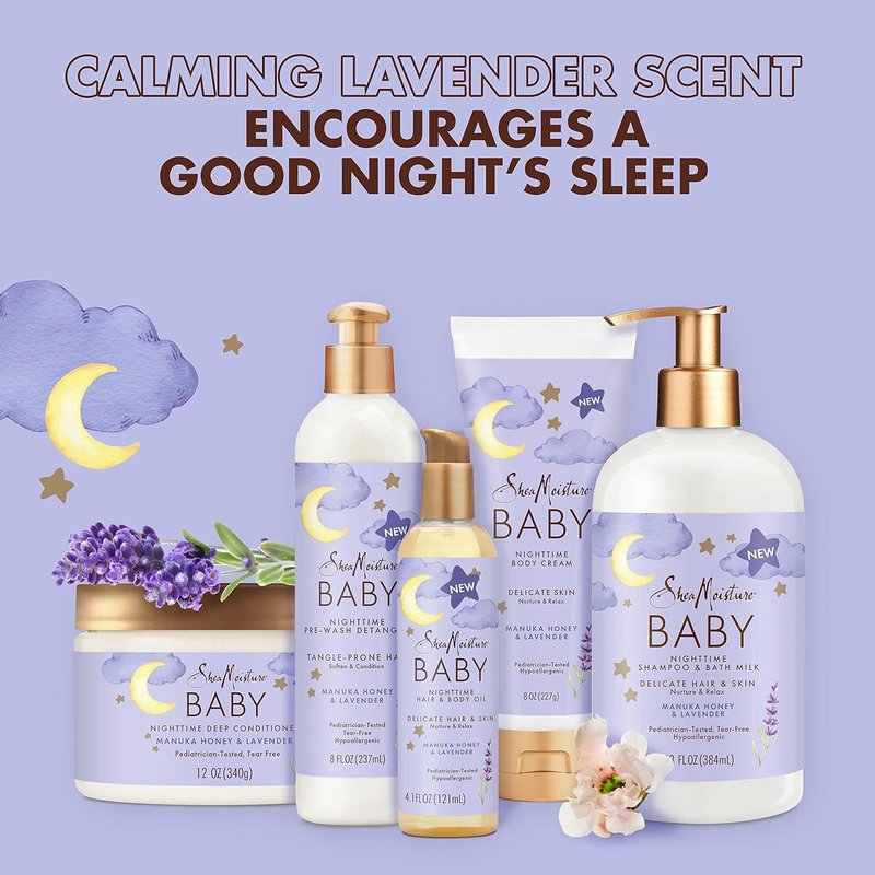 Shea Moisture Baby Care Set – Relaxing Nighttime Shampoo & Bath Milk + Body Cream for Delicate Skin, Manuka Honey & Lavender (2 Piece Set)