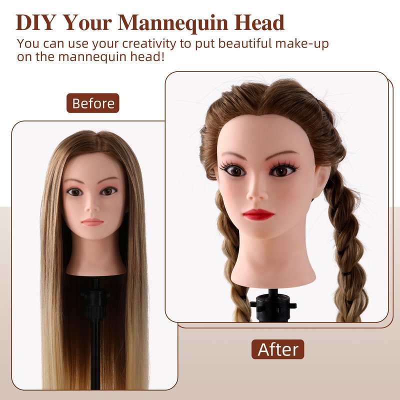 Mannequin Head with Hair, Mannequin Cosmetology Manikin Practice Doll Head for hair styling Braiding Hairdressing Head with Table Clamp + DIY Hair Styling Set