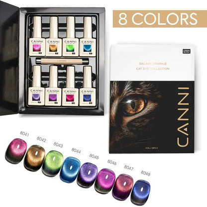 CANNI 8 Pcs 9 ML Cat Eye Gel Nail Polish Set, Red Purple Pink Blue Green Glitter Rainbow Holographic Cat Eye Gel Polish Kit with Magnet Colors Nail Art Manicure Salon DIY Gifts