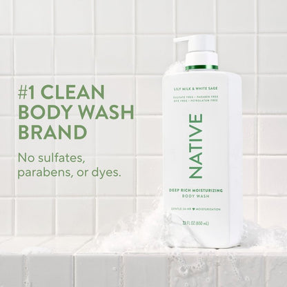 Native Lily Milk & White Sage Scent 24-Hour Moisturizing Bodywash for Women & Men, Clean & Gentle, for Dry or Sensitive Skin, Keeps Skin Healthy & Smooth, Free of Sulfates, Cruelty-Free, 22 oz