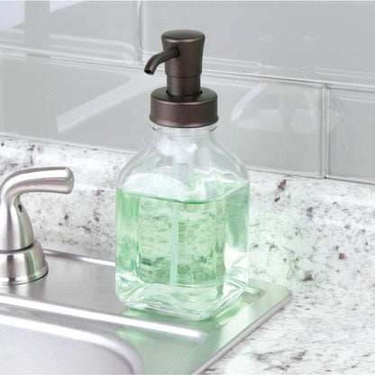 mDesign Square Glass Refillable Liquid Soap Dispenser Pump Bottle for Bathroom Vanity Countertop, Kitchen Sink - Holds Hand Soap, Dish Soap, Hand Sanitizer, Essential Oils - 2 Pack - Clear/Bronze