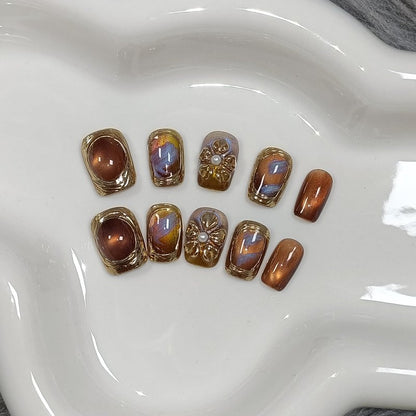 TENPAL Handmade Short Square Press on Nails with Kit,Golden Brown Chrome Hand-Sculpted Toffee Blooms & Gilded Edge Designs Glue on Nails,Glossy Sunset Metallic Cat Eye Fake Nails for Fall Winter(S)
