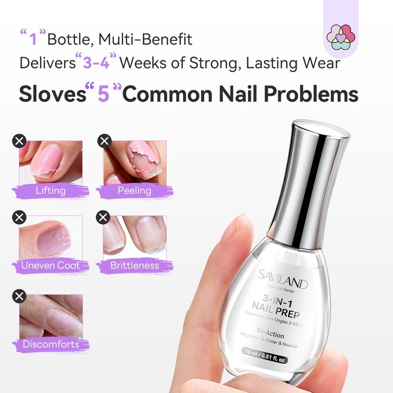 SAVILAND Essentials Tri-Action Nail Dehydrator and Primer: 3-in-1 Nail Primer for Better Adhesion & Longer Lasting Manicure Plant-Based Nourishing Dehydrator Nails Prep Supplies for Salon