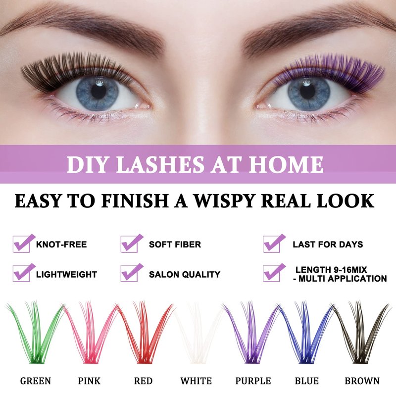 Lash Clusters Colored DIY Eyelash Extensions 280 Clusters Lashes 40D-D-13mm LASH 7 Color Mix Volume Eyelash Clusters Wispy Individual Lashes Cluster DIY at Home(7MIX,40D-D-13mm)
