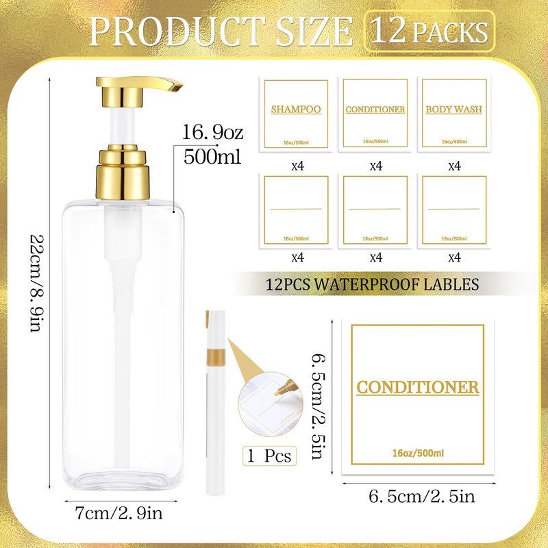 Gejoy 12 Pack Clear Shampoo and Conditioner Dispenser Bottles, 17 Oz/ 500ml Refillable Empty Pump Bottles with Labels and Marker Pen, Plastic Square Pump Dispenser Bottle for Bathroom Body Wash Shower