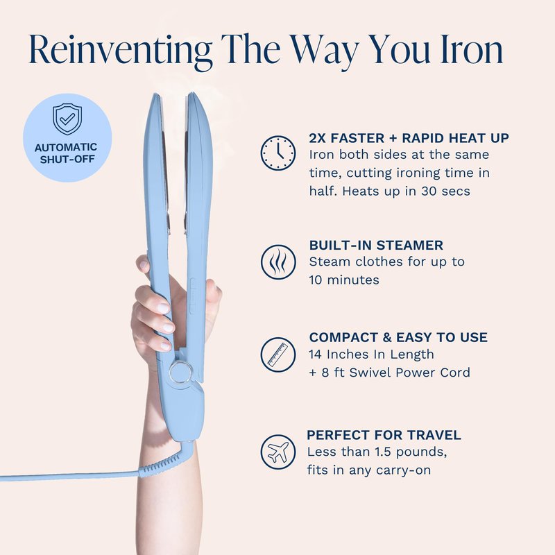 Nori Press Travel Steam Iron - Handheld Iron With Optional Steam Feature - No Ironing Board Required - Easy to Use w/ 6 Fabric Settings - Removes Wrinkles - User Manual Included -Blue