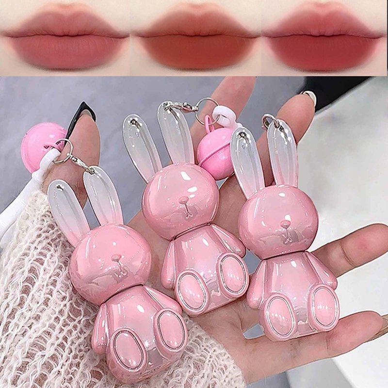 KTouler 3 Colors Cute Bunny Lip Gloss Keychain Set, Red Pink Brown Liquid Velvet Matte Lipstick,Long Lasting Soft Lipstick for Women Girls